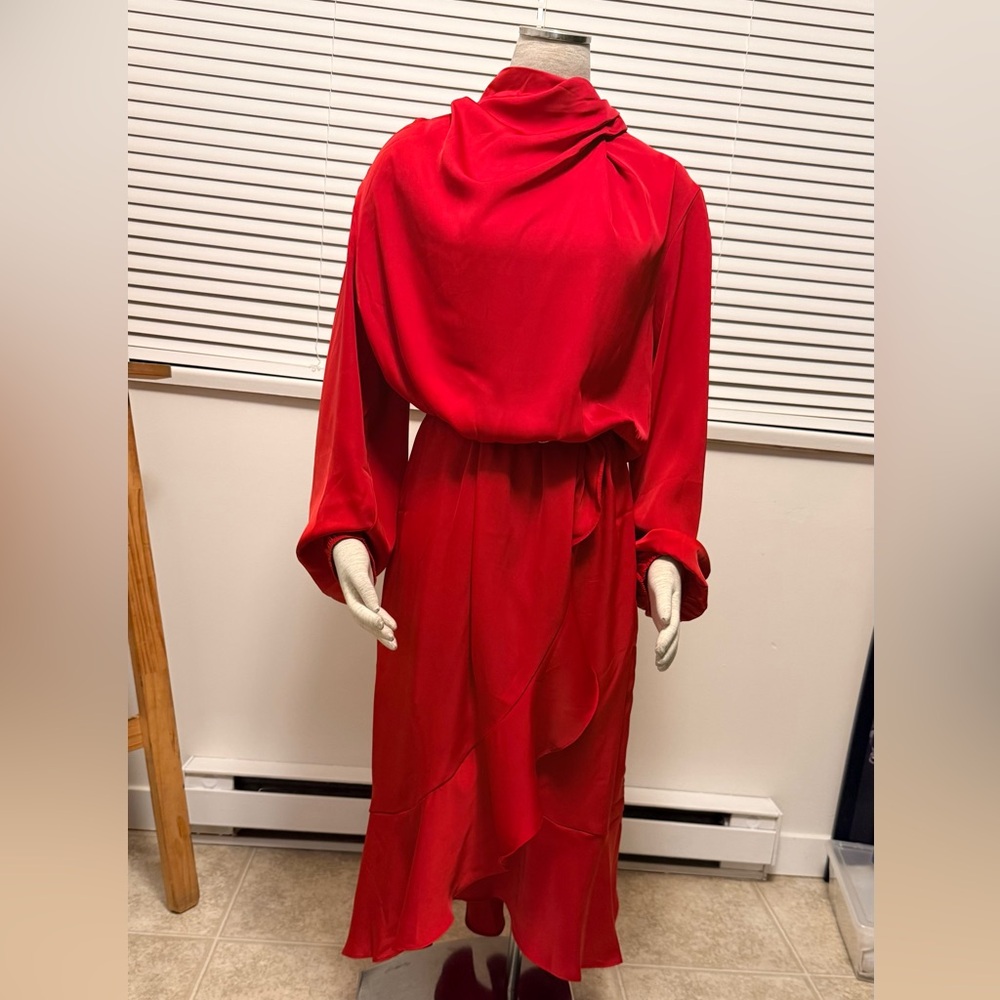 Red SATIN Women's Dress with front ruffle, great for holidays